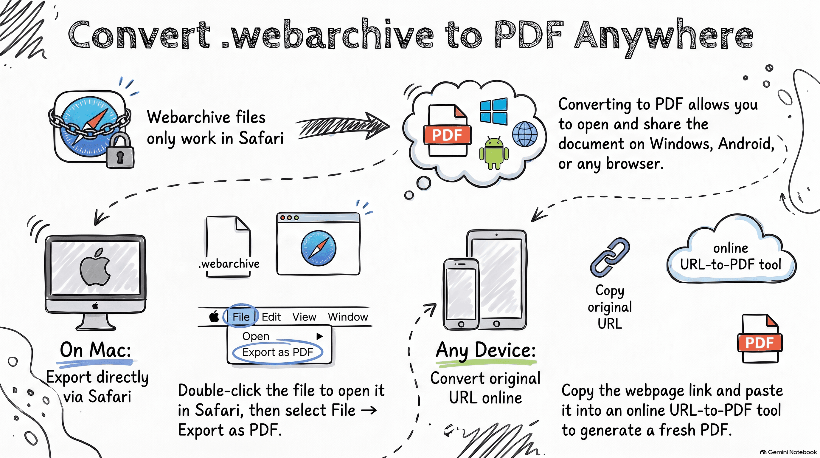 Infographic showing two free ways to convert WebArchive to PDF: Safari Export as PDF on Mac, and KhanPDF URL to PDF on any device