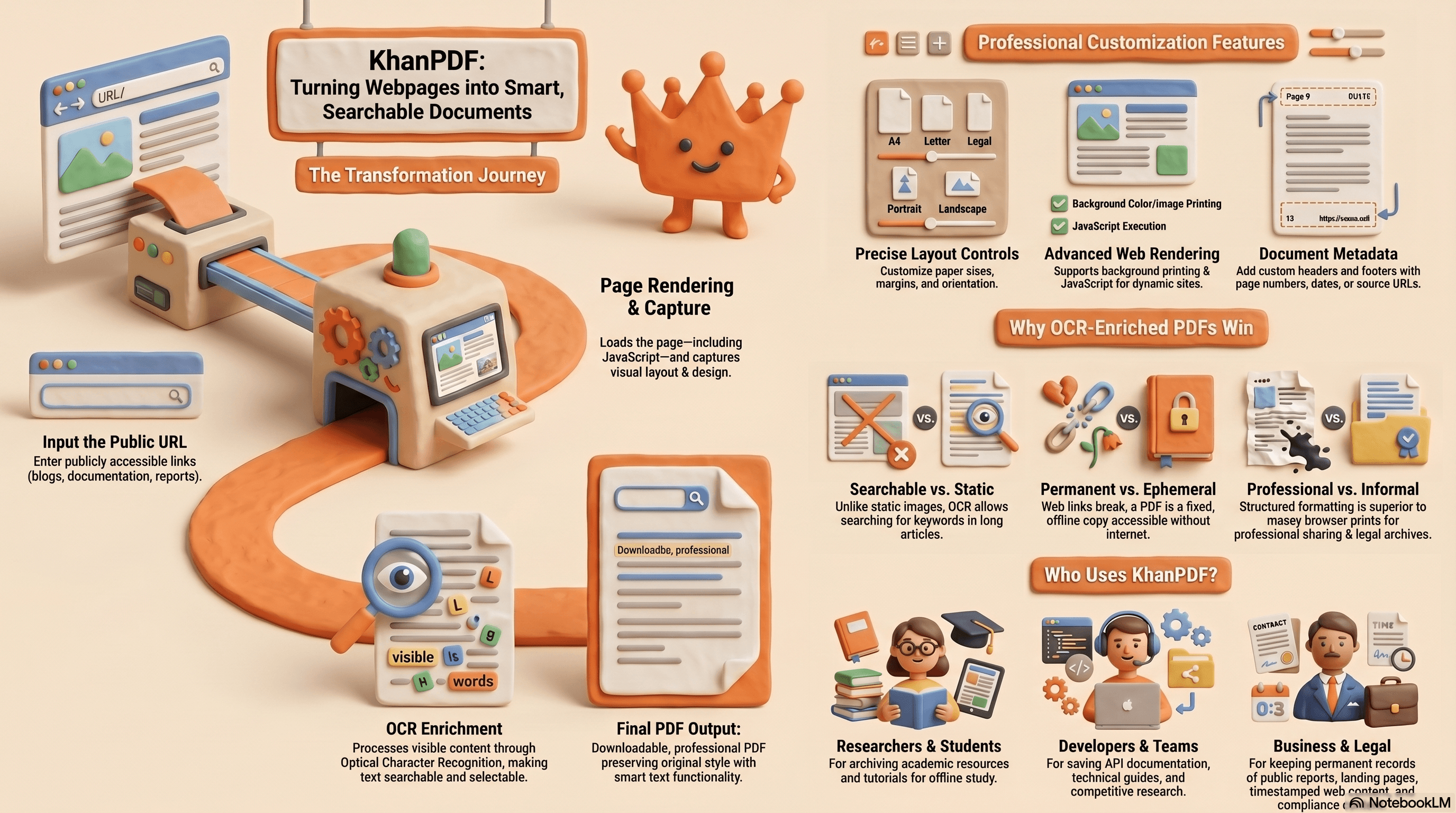 URL to PDF infographic illustrating the process of converting a webpage URL into a PDF file using KhanPDF. The workflow shows URL input, webpage rendering, PDF generation, and instant download.